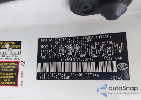 2010 Toyota Camry z USA, uszkodzony, nr VIN 4T1BF3EK5AU537326